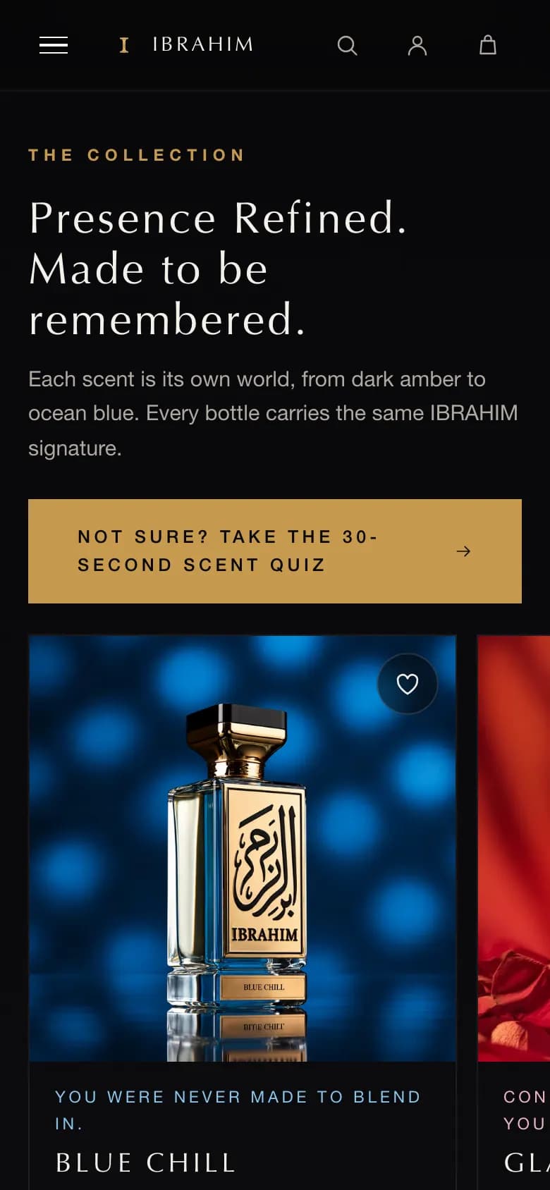 Mobile collection section with the heading 'Presence Refined. Made to be remembered.', the scent-quiz button, and a swipeable product card for Blue Chill with the next card peeking in