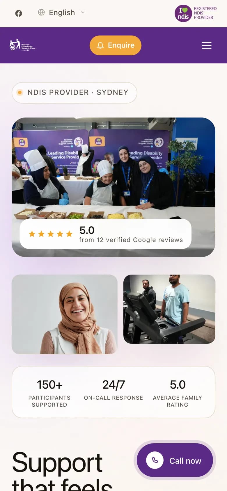 Mobile homepage with a yellow Enquire button in the purple header, an event photo with a Google reviews badge, two smaller photos, and the provider's own figures for participants supported, on-call response and family rating