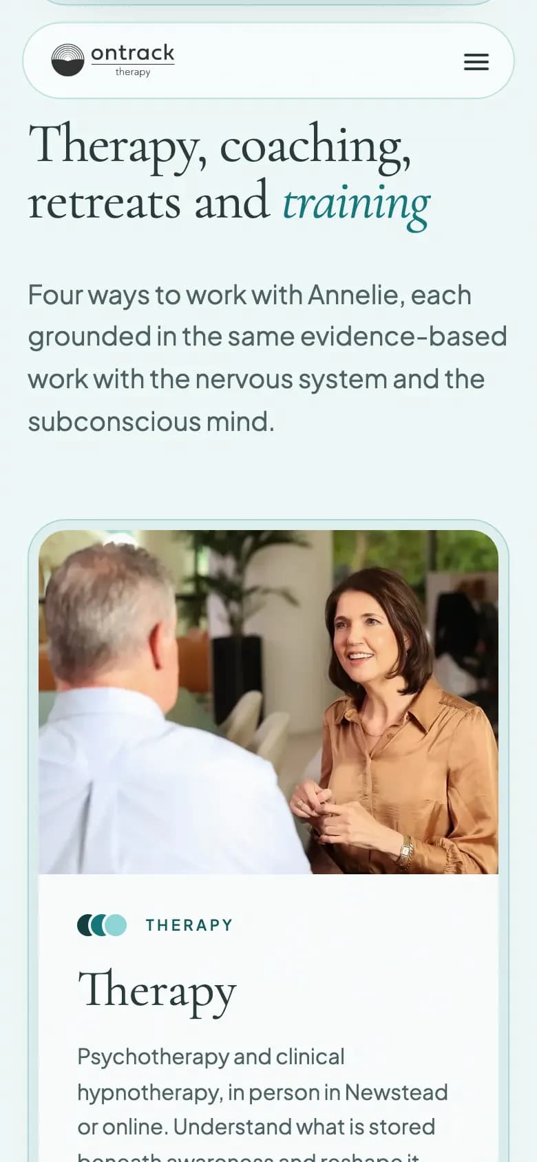 Mobile view of the 'Therapy, coaching, retreats and training' section: serif heading, short intro, and the first full-width card showing a therapy session, labelled Therapy