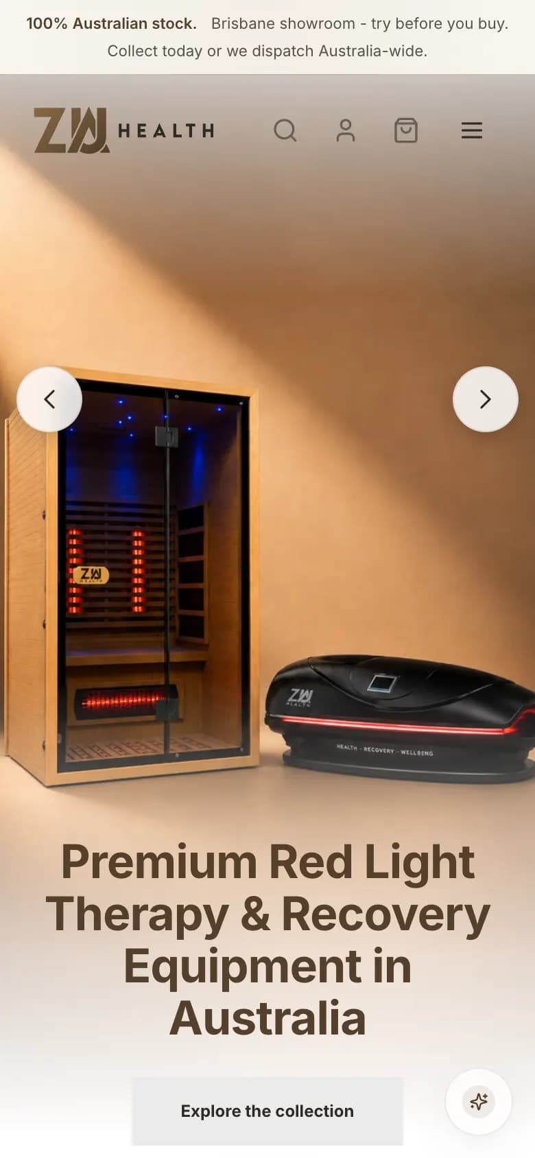 Mobile homepage hero: logo with search, account, cart and menu icons above a sauna and red-light bed photo, the centred headline 'Premium Red Light Therapy & Recovery Equipment in Australia' and an 'Explore the collection' button