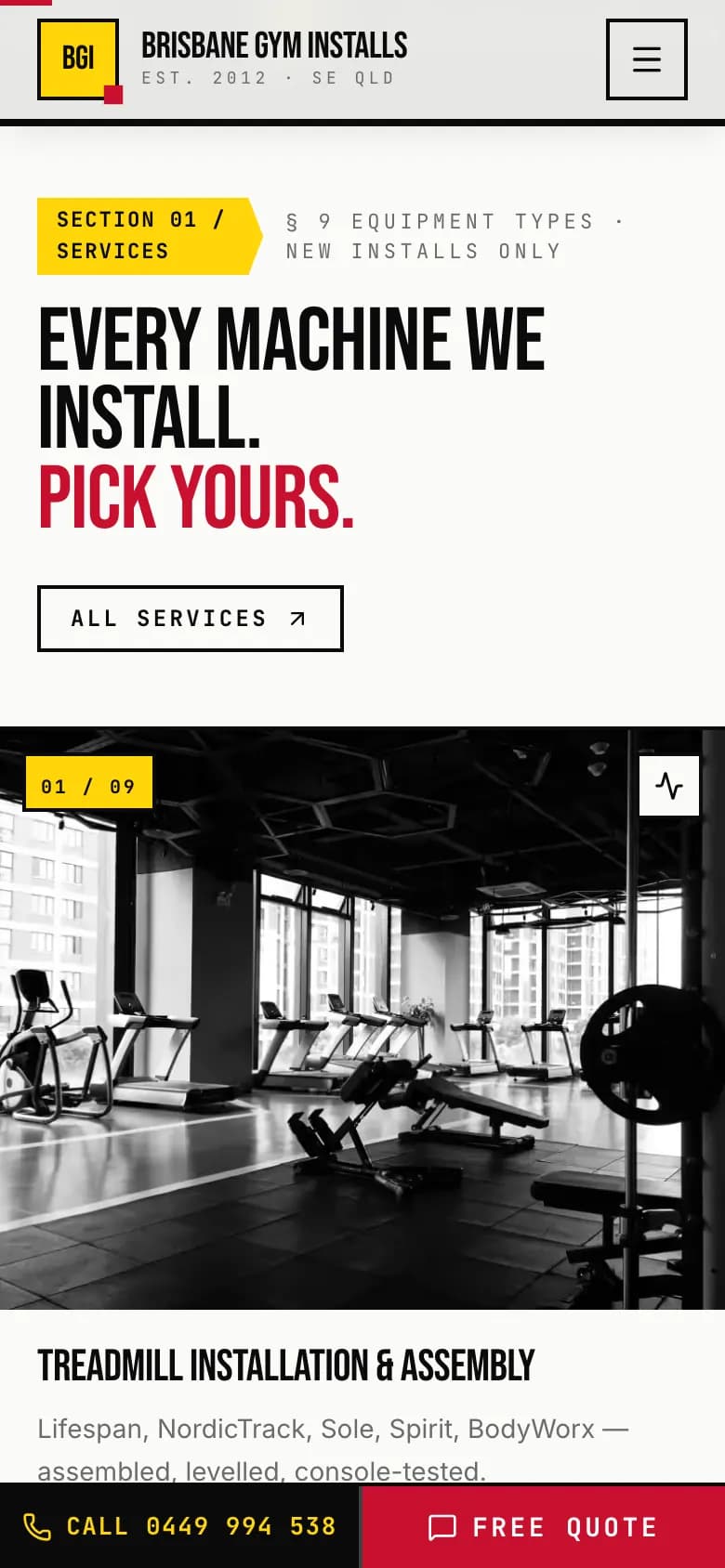 Mobile services section: 'Every machine we install. Pick yours.' headline, All Services button and the first equipment card, Treadmill Installation & Assembly, with a black-and-white gym photo