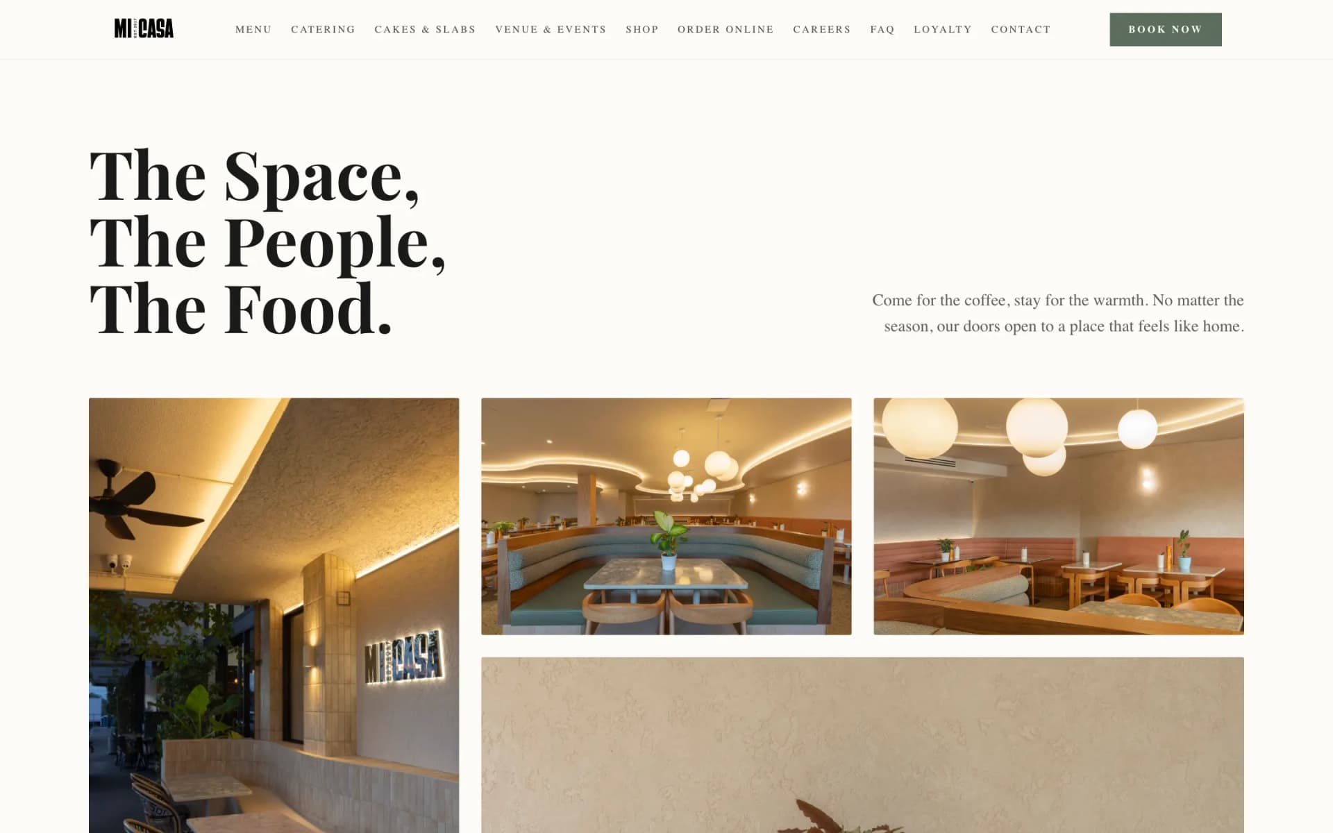 Venue page with the serif heading 'The Space, The People, The Food.' above a photo grid: the illuminated MI CASA sign on the outdoor terrace wall, a teal booth under a wavy lit ceiling, and terracotta banquette seating