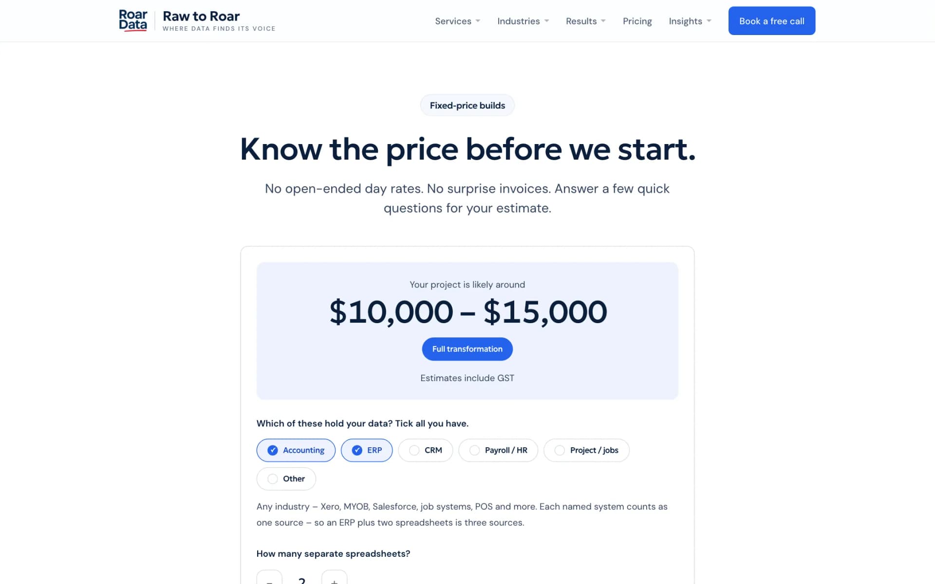 Pricing section with the heading 'Know the price before we start.' above an interactive estimator card showing a likely project price range, a 'Full transformation' badge, and data-source checkboxes with Accounting and ERP ticked