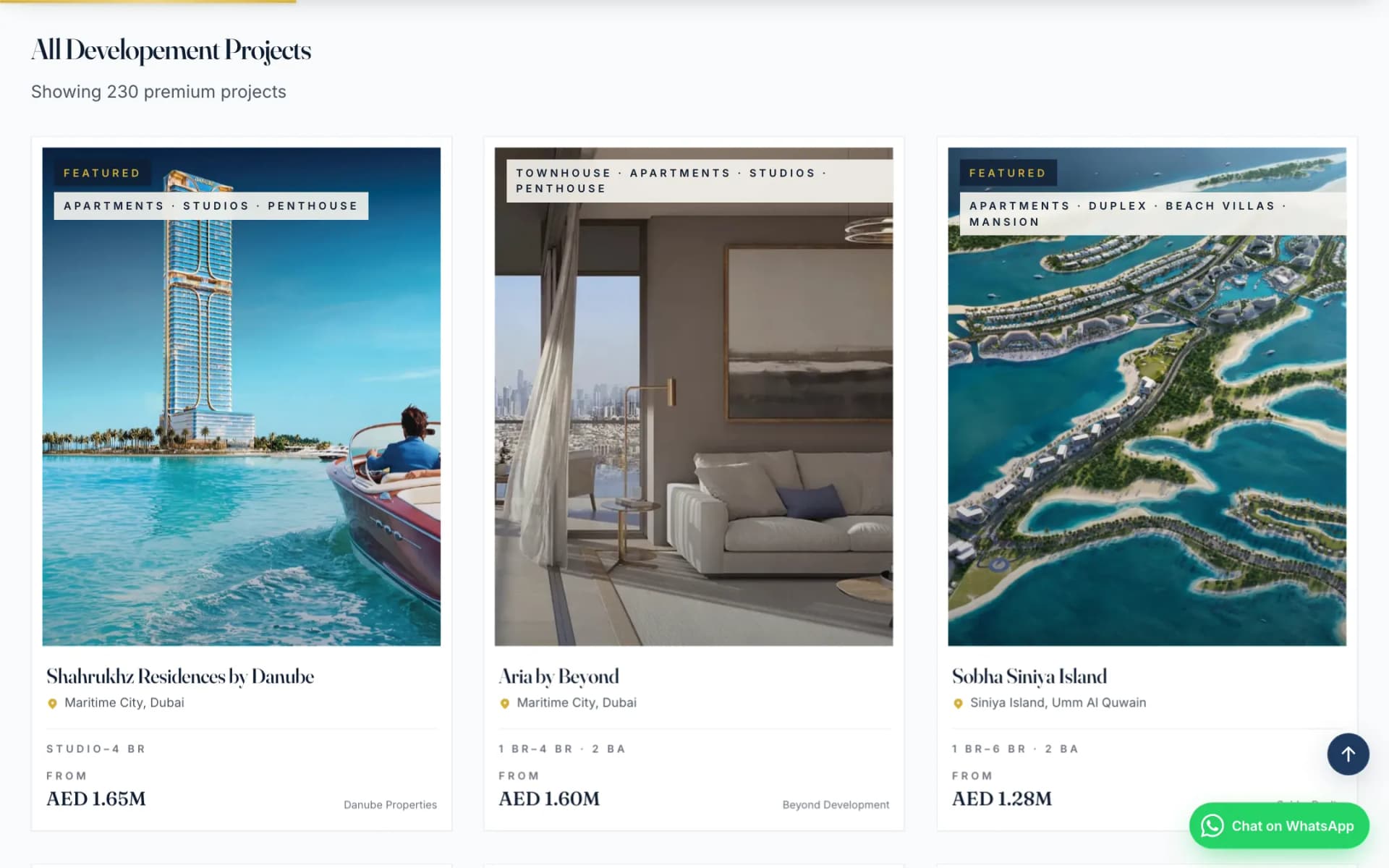 Projects listing page headed 'All Development Projects', with three project cards: Shahrukhz Residences by Danube, Aria by Beyond and Sobha Siniya Island, each with tags, location, bedrooms and starting price