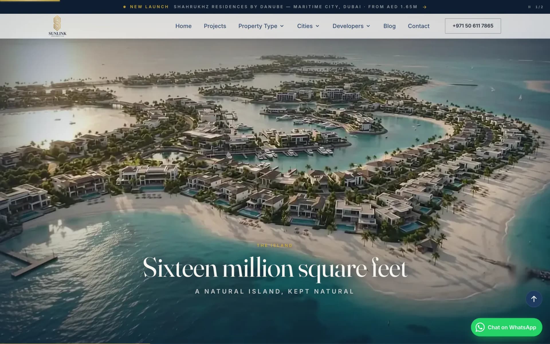 Sobha Siniya Island scroll film frame: aerial view of the island's villas, lagoons and white-sand beaches, captioned 'The Island — Sixteen million square feet'
