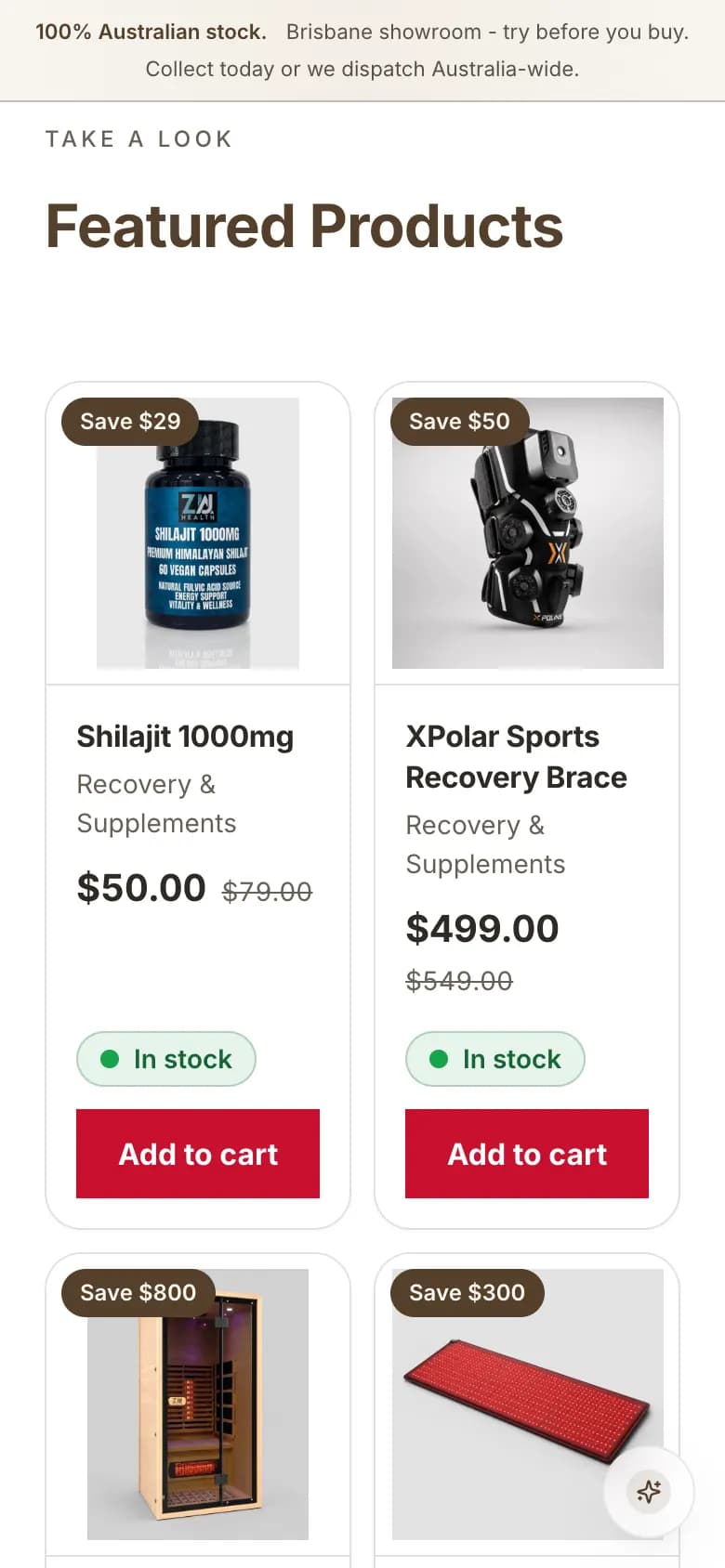 Mobile 'Featured Products' section in a two-column card grid showing Shilajit 1000mg and XPolar Sports Recovery Brace with prices, 'In stock' pills and red 'Add to cart' buttons